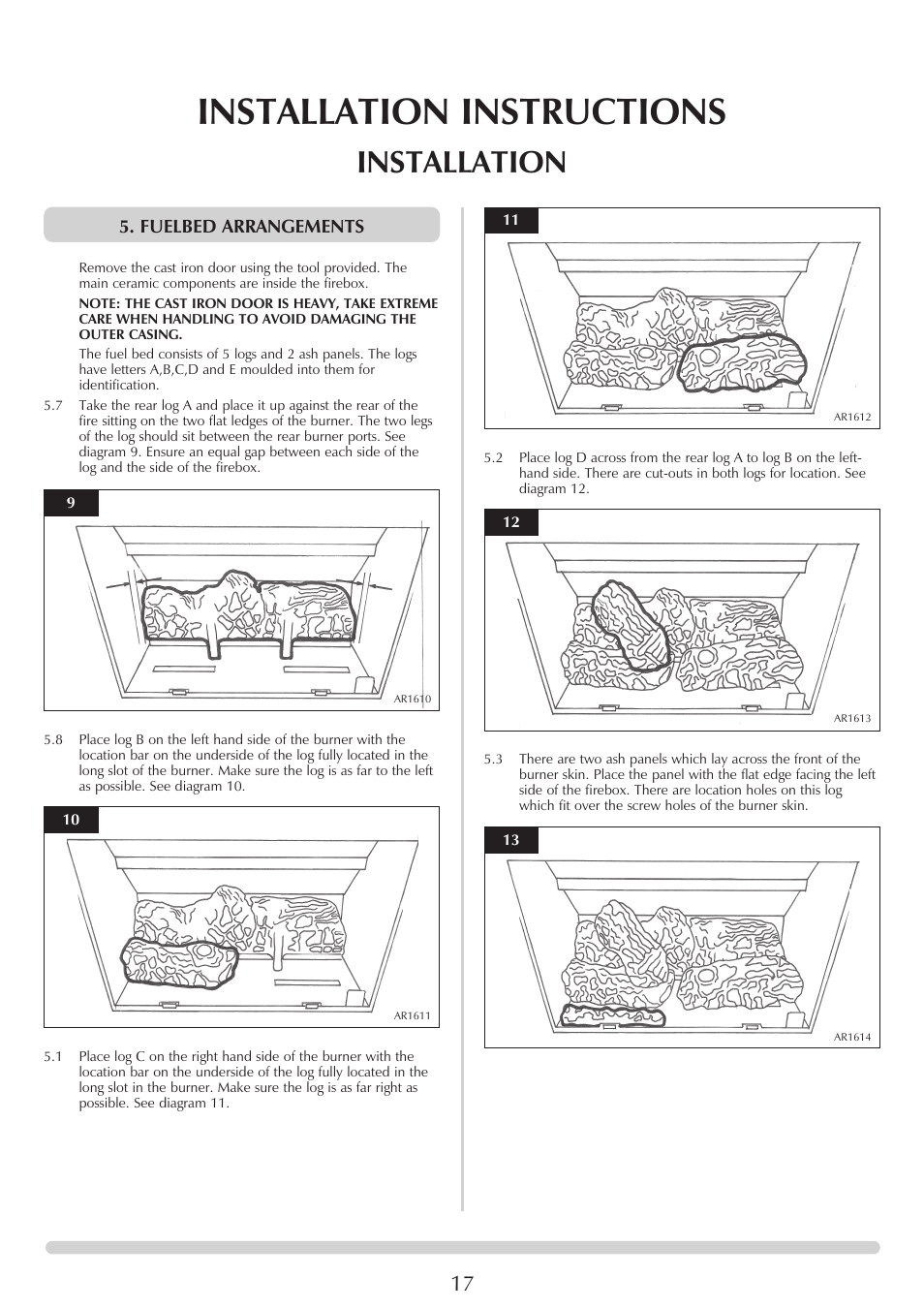 Installation instructions, Installation, Fuelbed arrangements | Stovax Clarendon & Ashdon ASHDON 8546LUC-P8546LUC User Manual | Page 17 / 27