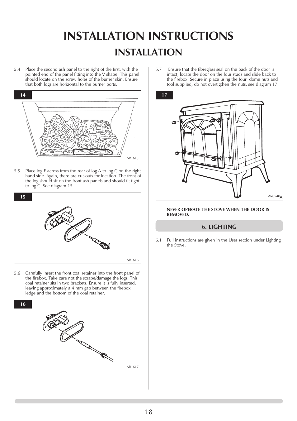 Installation instructions, Installation, Lighting | Stovax Clarendon & Ashdon ASHDON 8546LUC-P8546LUC User Manual | Page 18 / 27