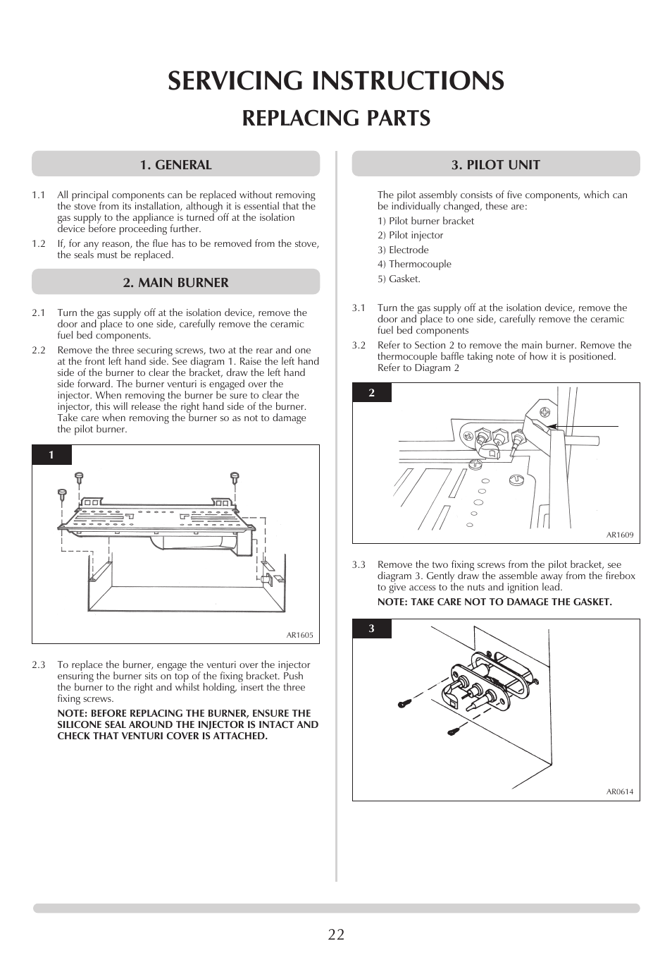 Servicing instructions, Replacing parts, General | Main burner, Pilot unit | Stovax Clarendon & Ashdon ASHDON 8546LUC-P8546LUC User Manual | Page 22 / 27