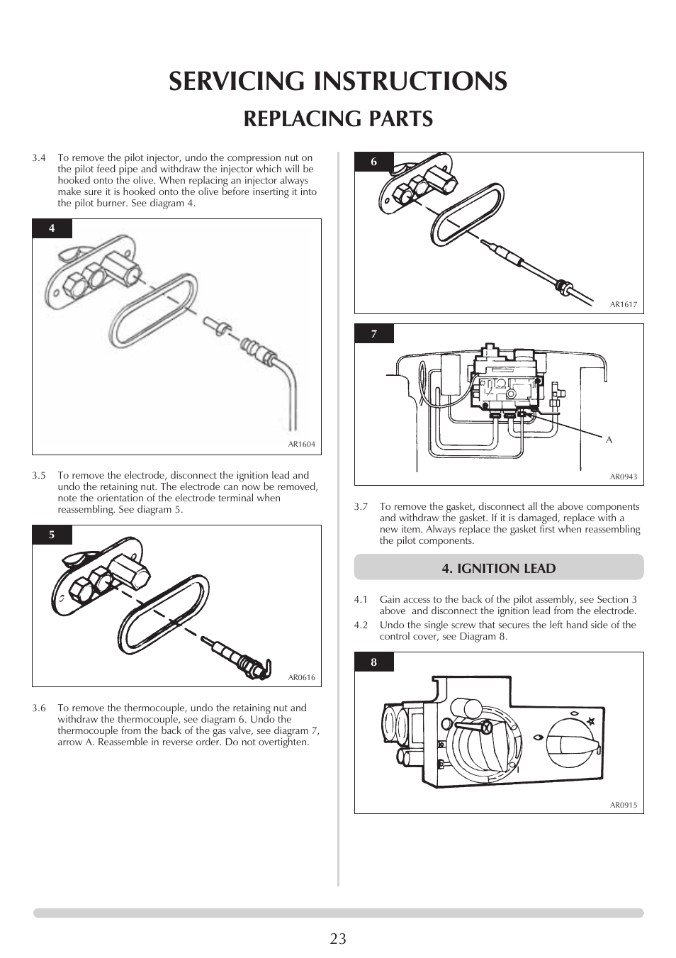 Servicing instructions, Replacing parts, Ignition lead | Stovax Clarendon & Ashdon ASHDON 8546LUC-P8546LUC User Manual | Page 23 / 27