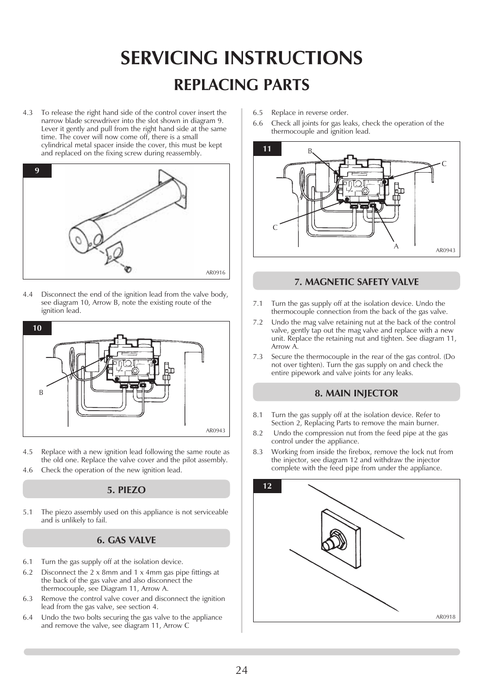 Servicing instructions, Replacing parts, Piezo | Gas valve, Magnetic safety valve, Main injector | Stovax Clarendon & Ashdon ASHDON 8546LUC-P8546LUC User Manual | Page 24 / 27