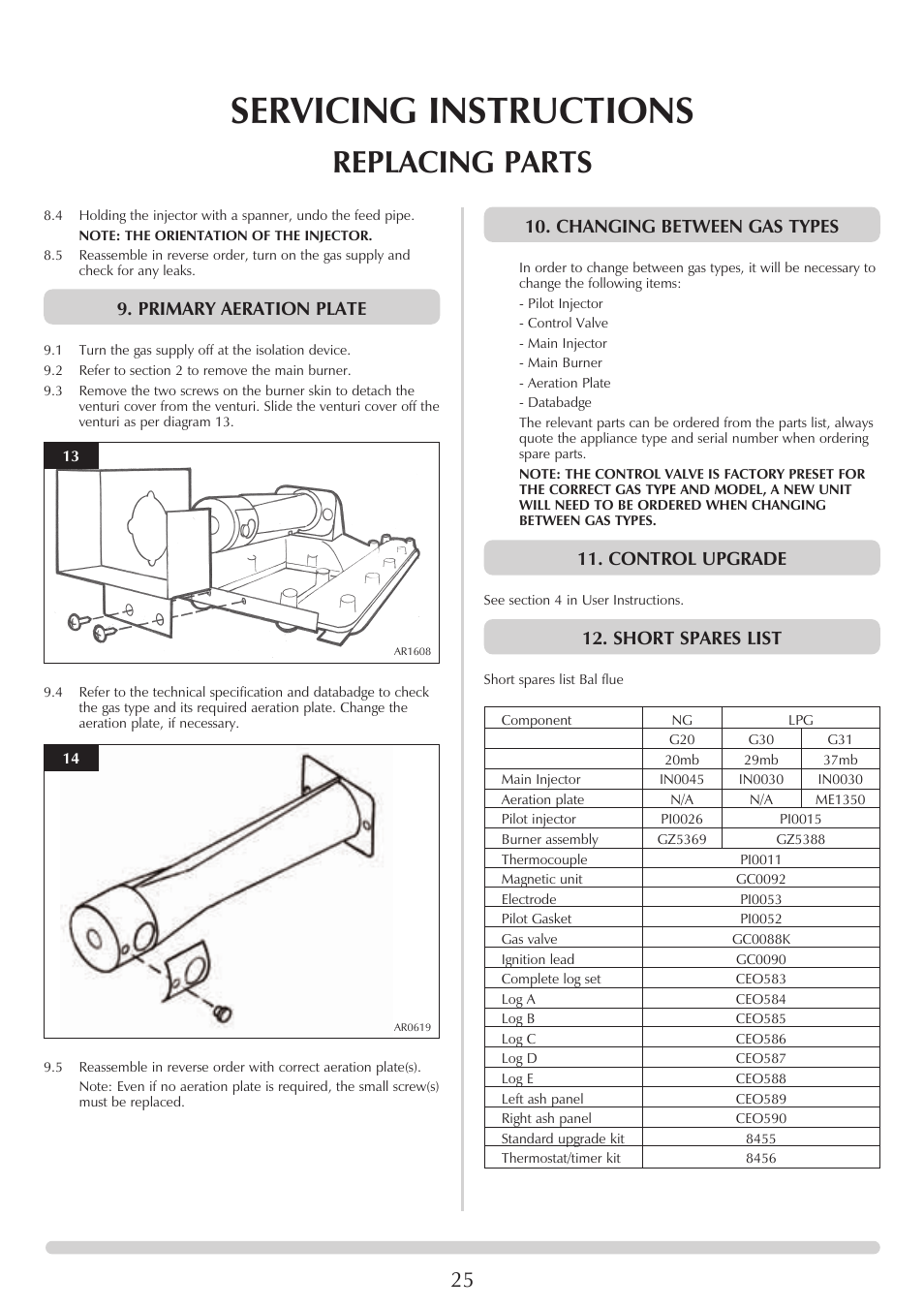 Servicing instructions, Replacing parts, Primary aeration plate | Changing between gas types, Control upgrade, Short spares list | Stovax Clarendon & Ashdon ASHDON 8546LUC-P8546LUC User Manual | Page 25 / 27