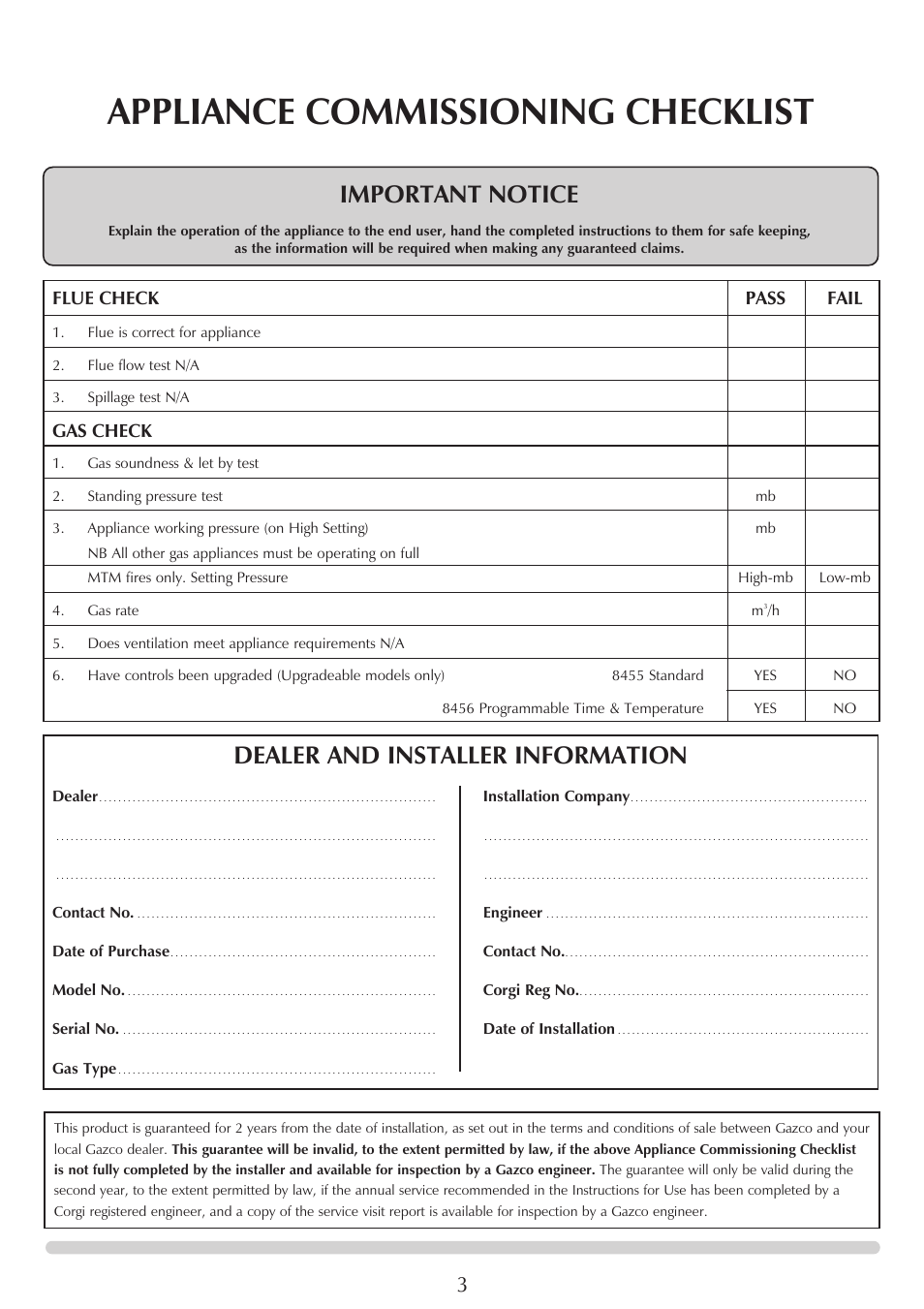 Appliance commissioning checklist, Important notice, Dealer and installer information | Flue check pass fail, Gas check | Stovax Clarendon & Ashdon ASHDON 8546LUC-P8546LUC User Manual | Page 3 / 27