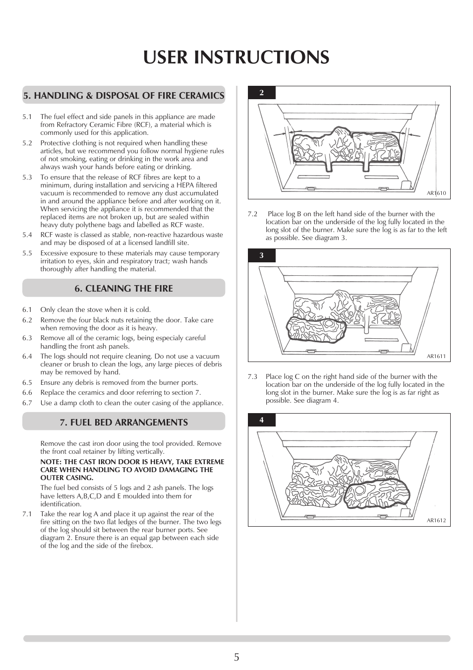 User instructions, Handling & disposal of fire ceramics, Cleaning the fire | Fuel bed arrangements | Stovax Clarendon & Ashdon ASHDON 8546LUC-P8546LUC User Manual | Page 5 / 27