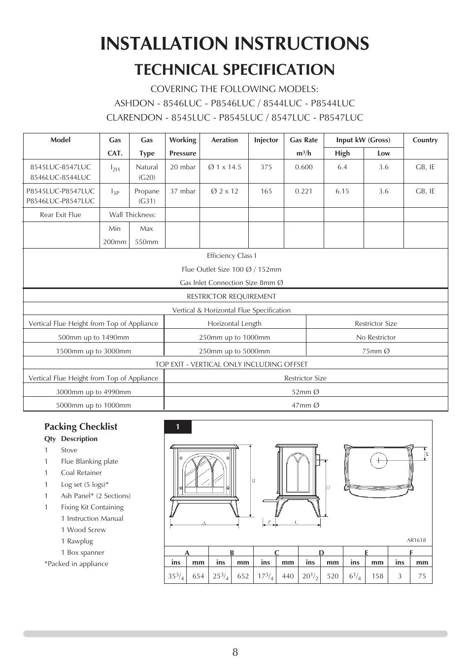 Installation instructions, Technical specification, Packing checklist | Stovax Clarendon & Ashdon ASHDON 8546LUC-P8546LUC User Manual | Page 8 / 27