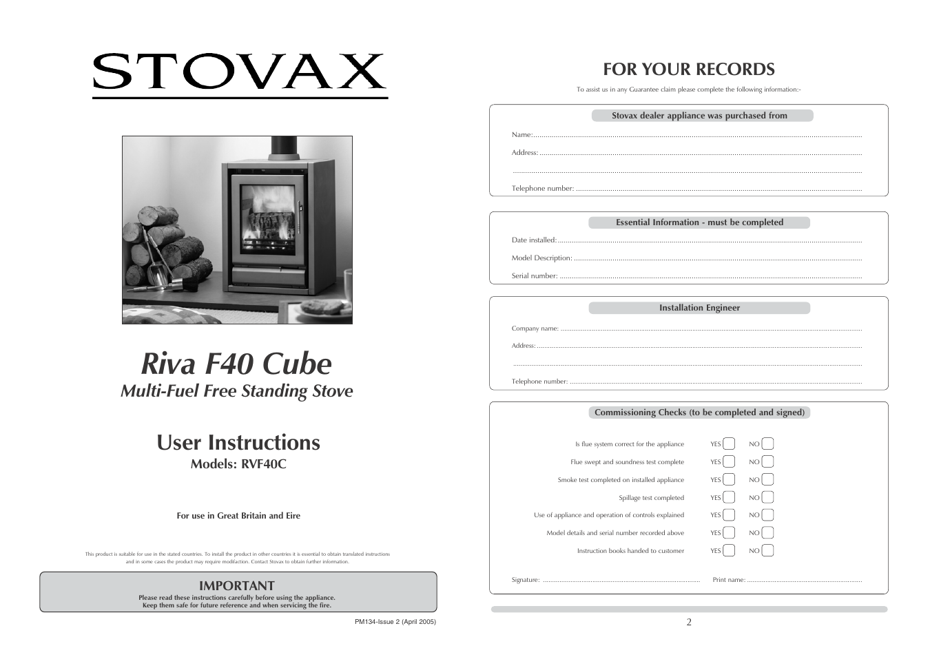 Stovax RVF40C User Manual | 6 pages