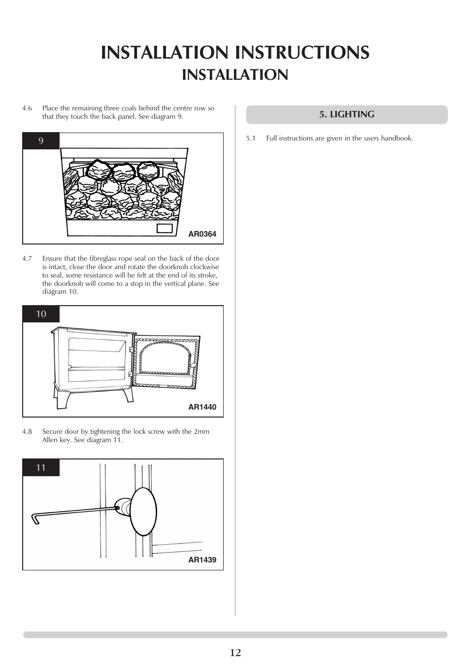 Installation instructions, Installation | Stovax 5 User Manual | Page 12 / 23