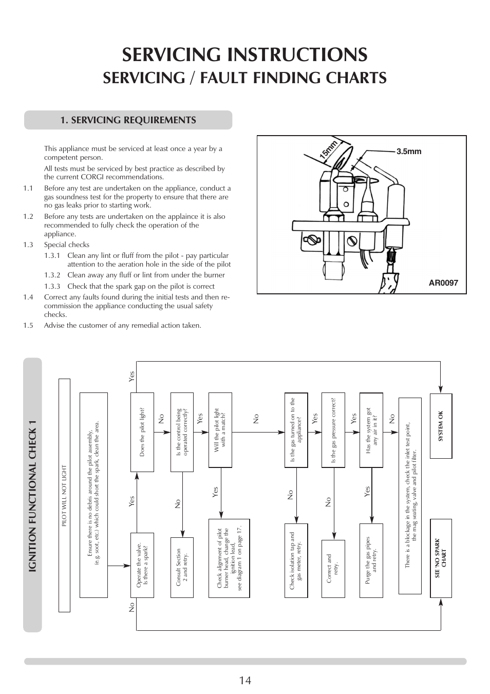 Servicing instructions, Servicing / fault finding charts, Ignition functional check 1 | Servicing requirements | Stovax 5 User Manual | Page 14 / 23