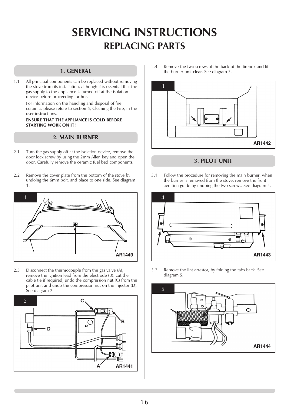 Servicing instructions, Replacing parts | Stovax 5 User Manual | Page 16 / 23