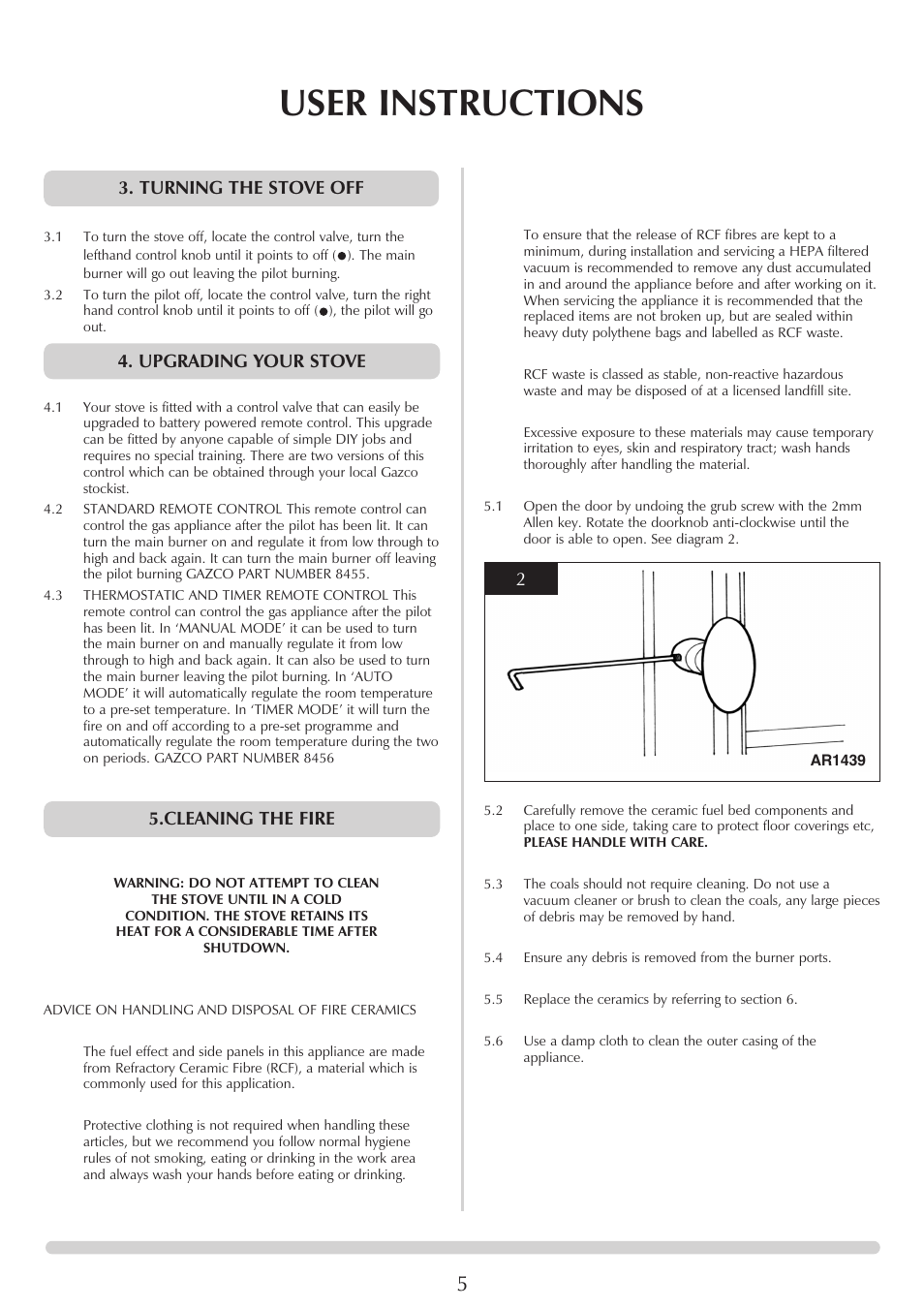 User instructions, Upgrading your stove 5.cleaning the fire, Turning the stove off | Stovax 5 User Manual | Page 5 / 23