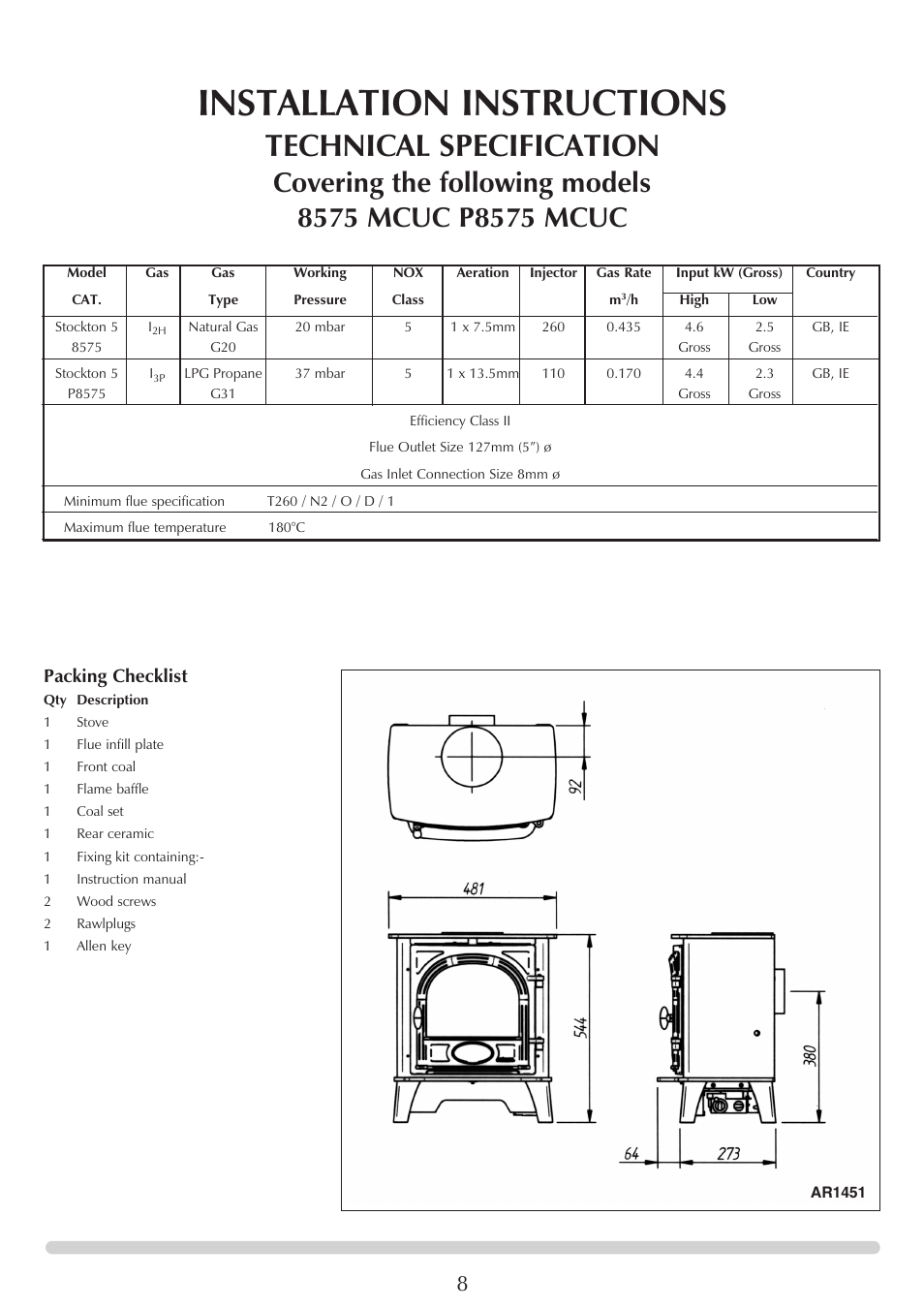 Installation instructions, Technical specification, Packing checklist | Stovax 5 User Manual | Page 8 / 23