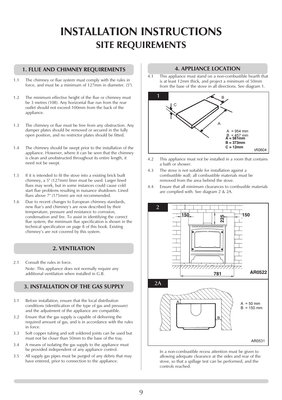 Installation instructions, Site requirements | Stovax 5 User Manual | Page 9 / 23