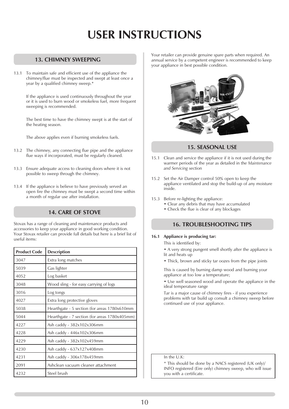 User instructions, Chimney sweeping, Care of stove | Seasonal use, Troubleshooting tips | Stovax Riva Open Log Burning Convector Fireboxes User Manual | Page 10 / 32