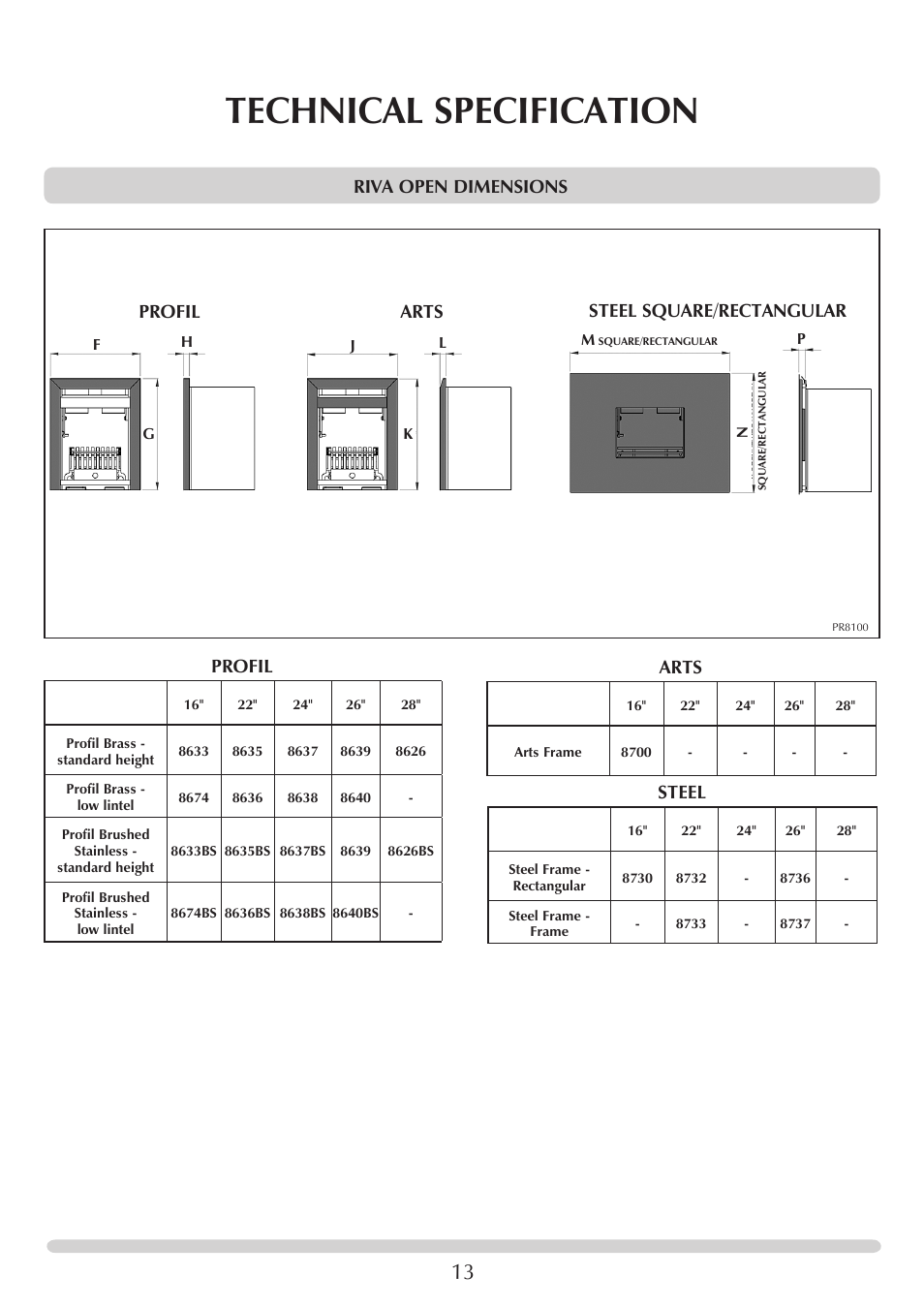 Technical specification, Riva open dimensions, Profil steel arts | Profil arts steel square/rectangular | Stovax Riva Open Log Burning Convector Fireboxes User Manual | Page 13 / 32