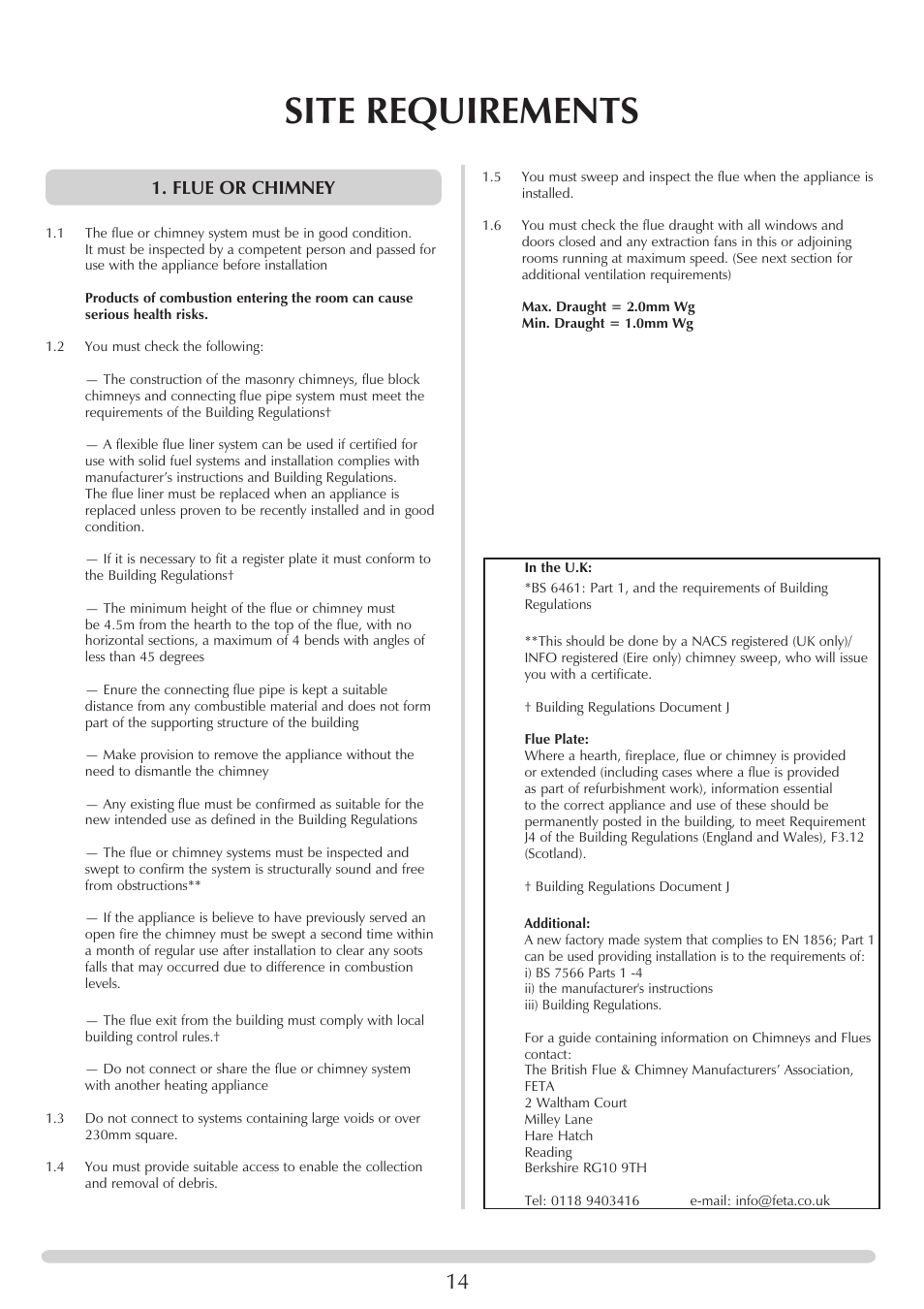 Site requirements, Flue or chimney | Stovax Riva Open Log Burning Convector Fireboxes User Manual | Page 14 / 32