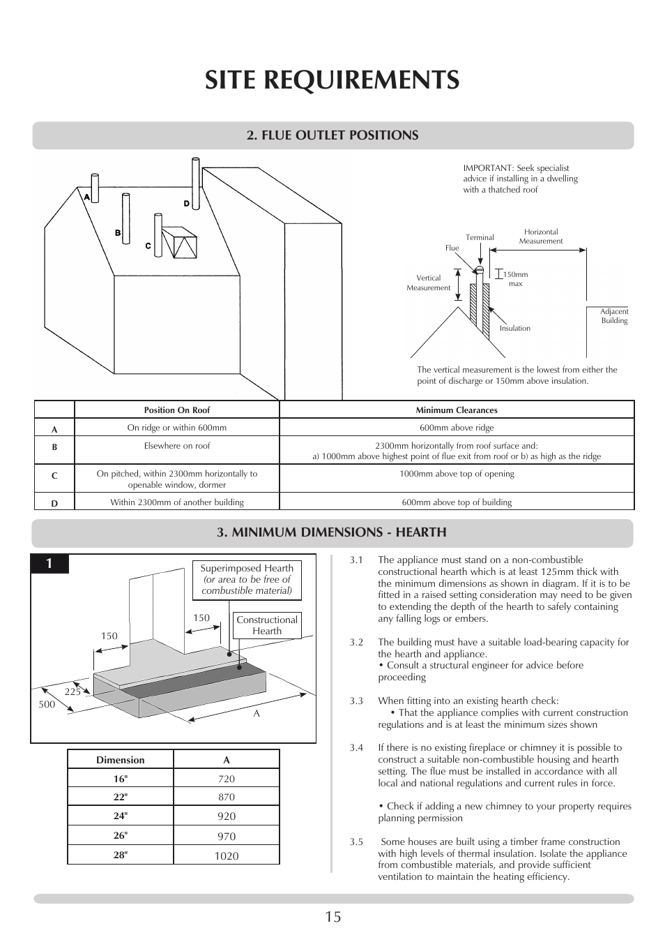 Site requirements, Minimum dimensions - hearth, Flue outlet positions | Stovax Riva Open Log Burning Convector Fireboxes User Manual | Page 15 / 32