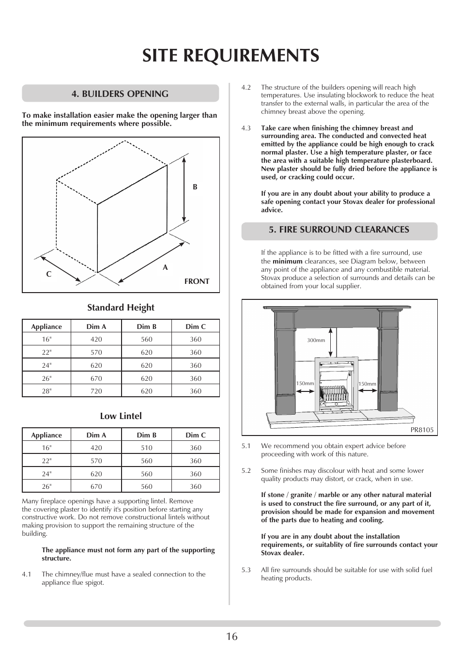 Site requirements, Builders opening, Standard height low lintel | Fire surround clearances | Stovax Riva Open Log Burning Convector Fireboxes User Manual | Page 16 / 32