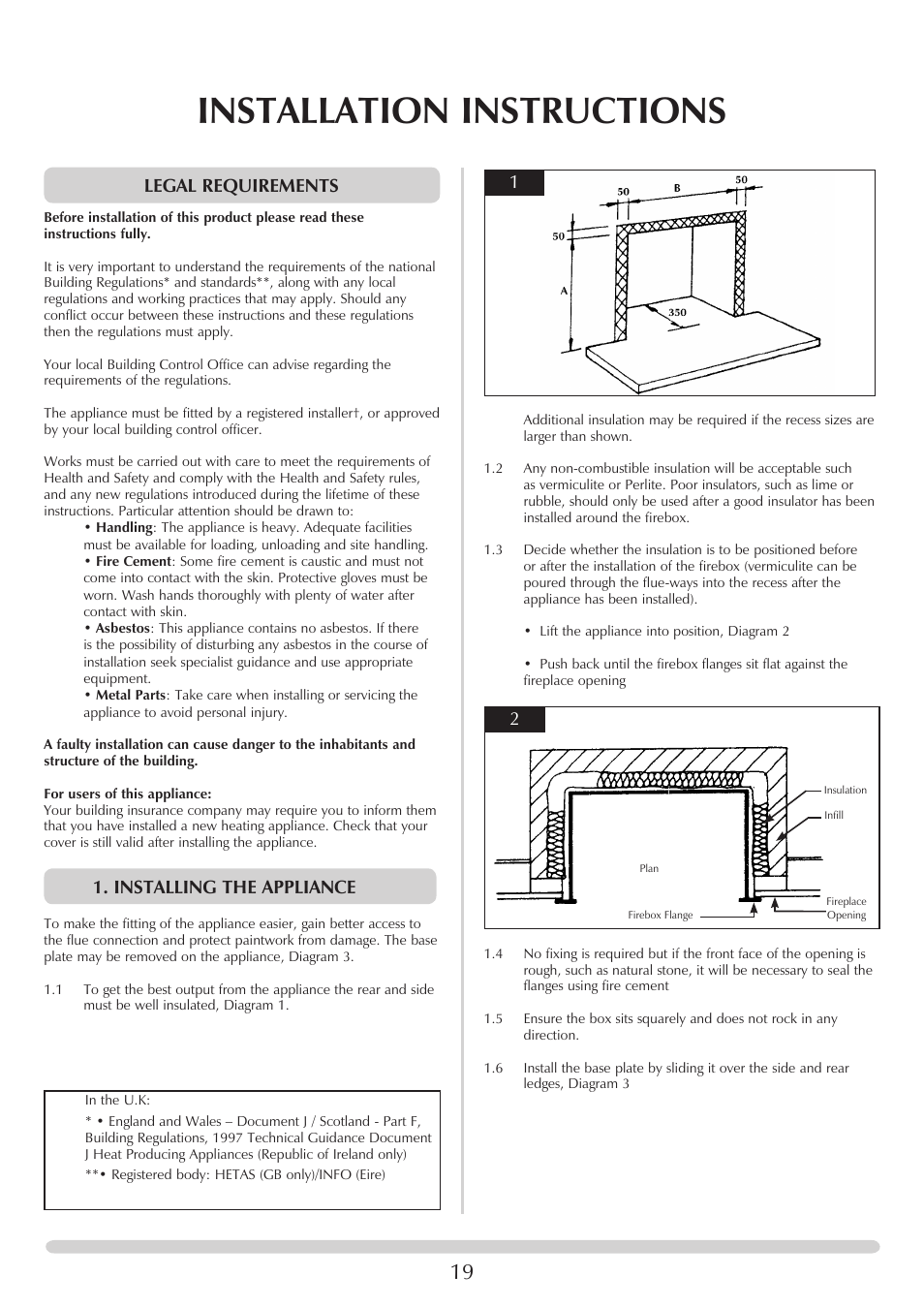 Installation instructions, Legal requirements, Installing the appliance | Stovax Riva Open Log Burning Convector Fireboxes User Manual | Page 19 / 32