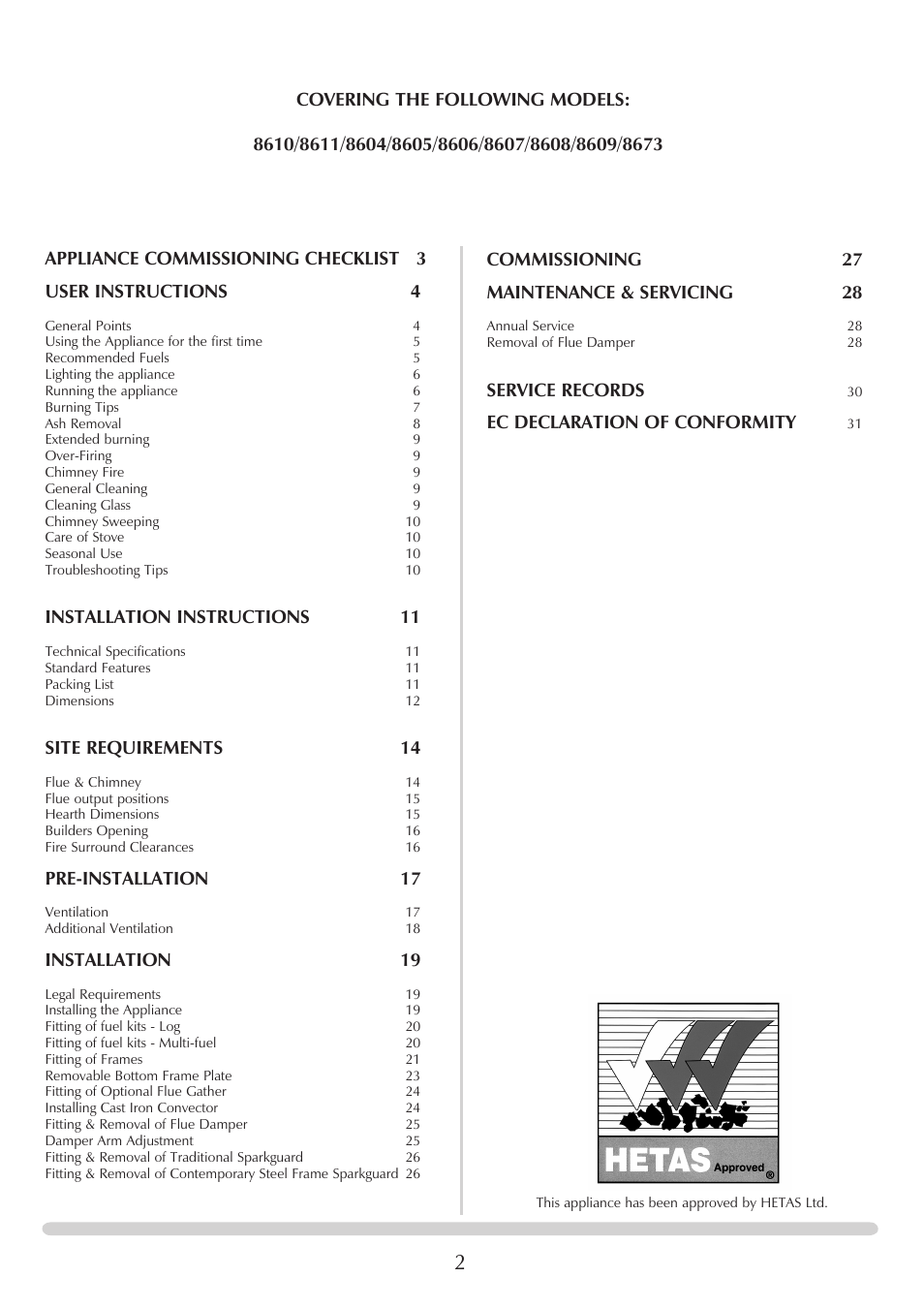 Service records, Ec declaration of conformity, Installation instructions 11 | Site requirements 14, Pre-installation 17, Installation | Stovax Riva Open Log Burning Convector Fireboxes User Manual | Page 2 / 32