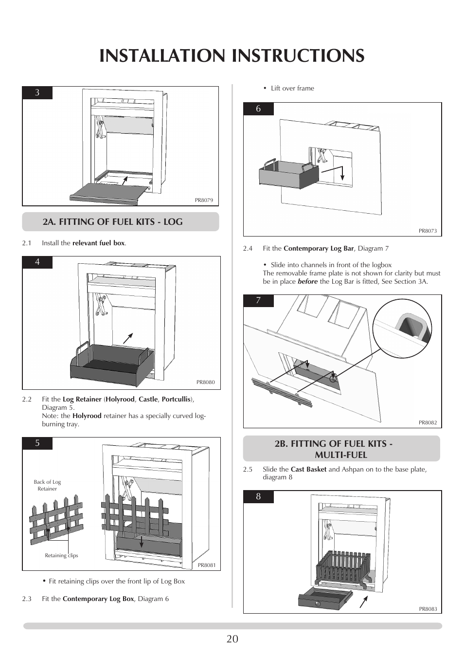 Installation instructions, 2a. fitting of fuel kits - log, 2b. fitting of fuel kits - multi-fuel | Stovax Riva Open Log Burning Convector Fireboxes User Manual | Page 20 / 32