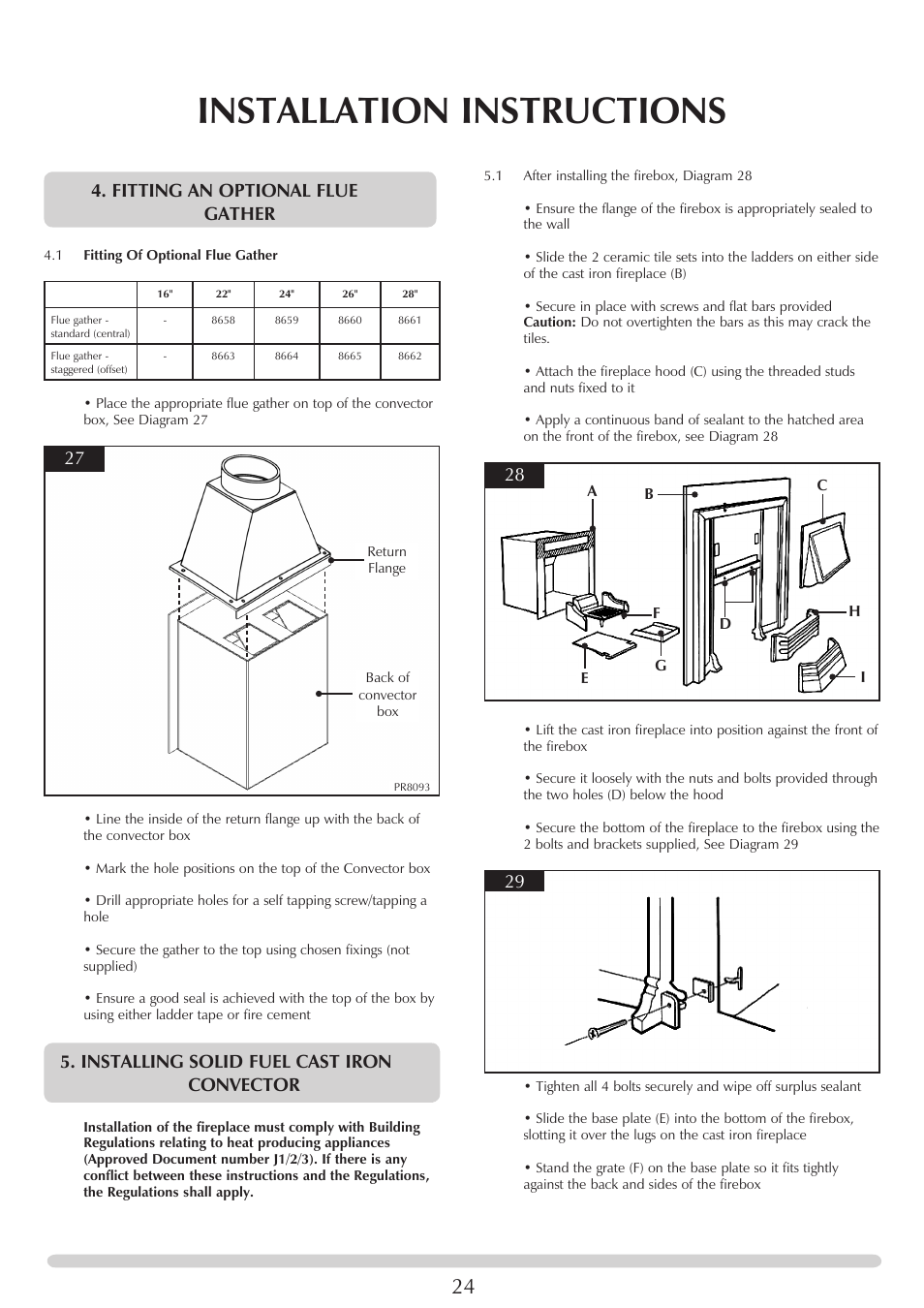 Installation instructions, Fitting an optional flue gather, Installing solid fuel cast iron convector | Stovax Riva Open Log Burning Convector Fireboxes User Manual | Page 24 / 32