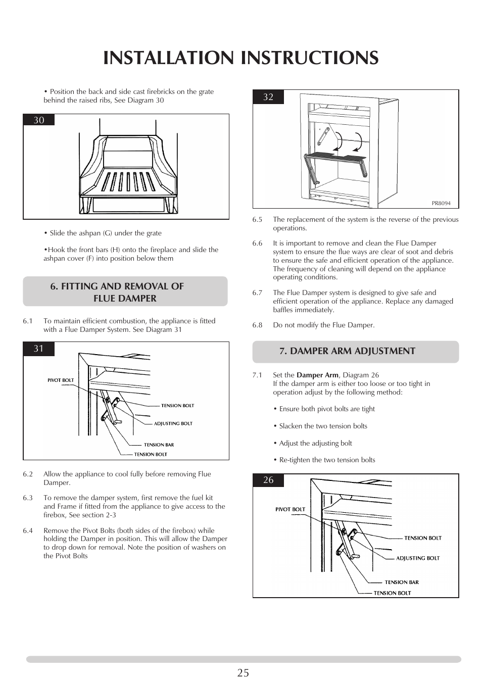 Installation instructions, Fitting and removal of flue damper, Damper arm adjustment | Stovax Riva Open Log Burning Convector Fireboxes User Manual | Page 25 / 32