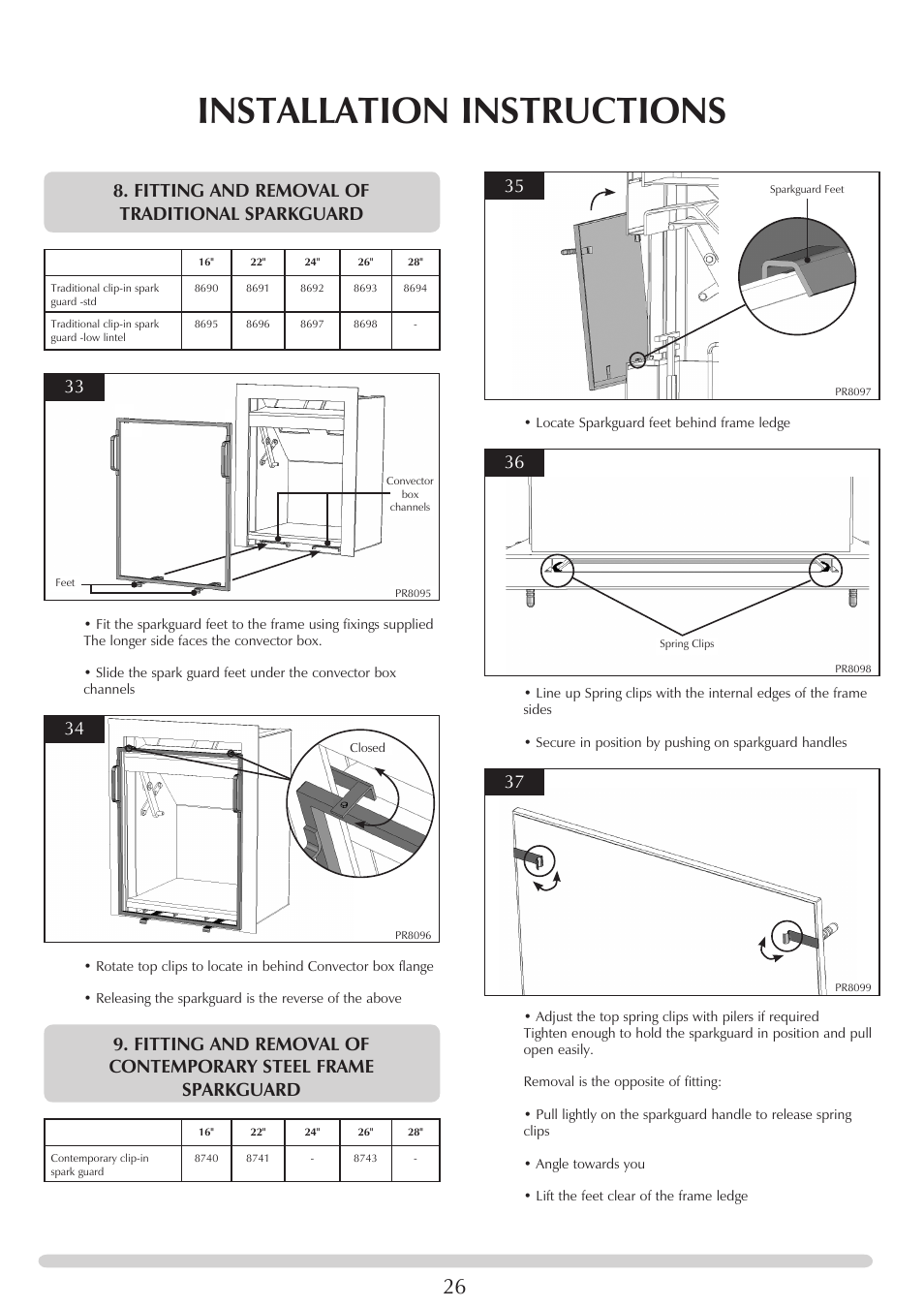 Installation instructions, Fitting and removal of traditional sparkguard | Stovax Riva Open Log Burning Convector Fireboxes User Manual | Page 26 / 32