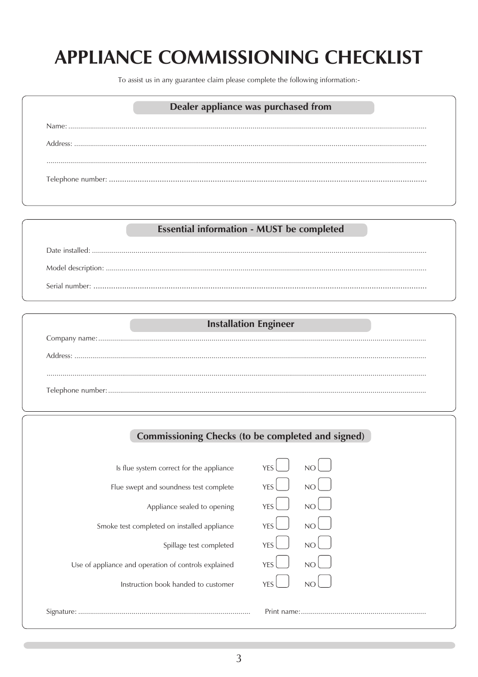 Appliance commissioning checklist, Dealer appliance was purchased from, Essential information - must be completed | Installation engineer, Commissioning checks (to be completed and signed) | Stovax Riva Open Log Burning Convector Fireboxes User Manual | Page 3 / 32