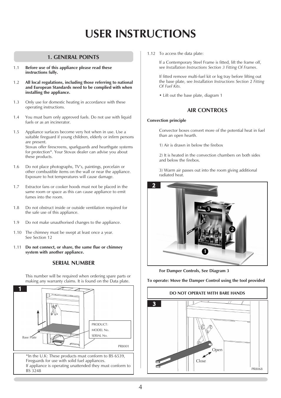 User instructions, General points, Serial number | Air controls | Stovax Riva Open Log Burning Convector Fireboxes User Manual | Page 4 / 32