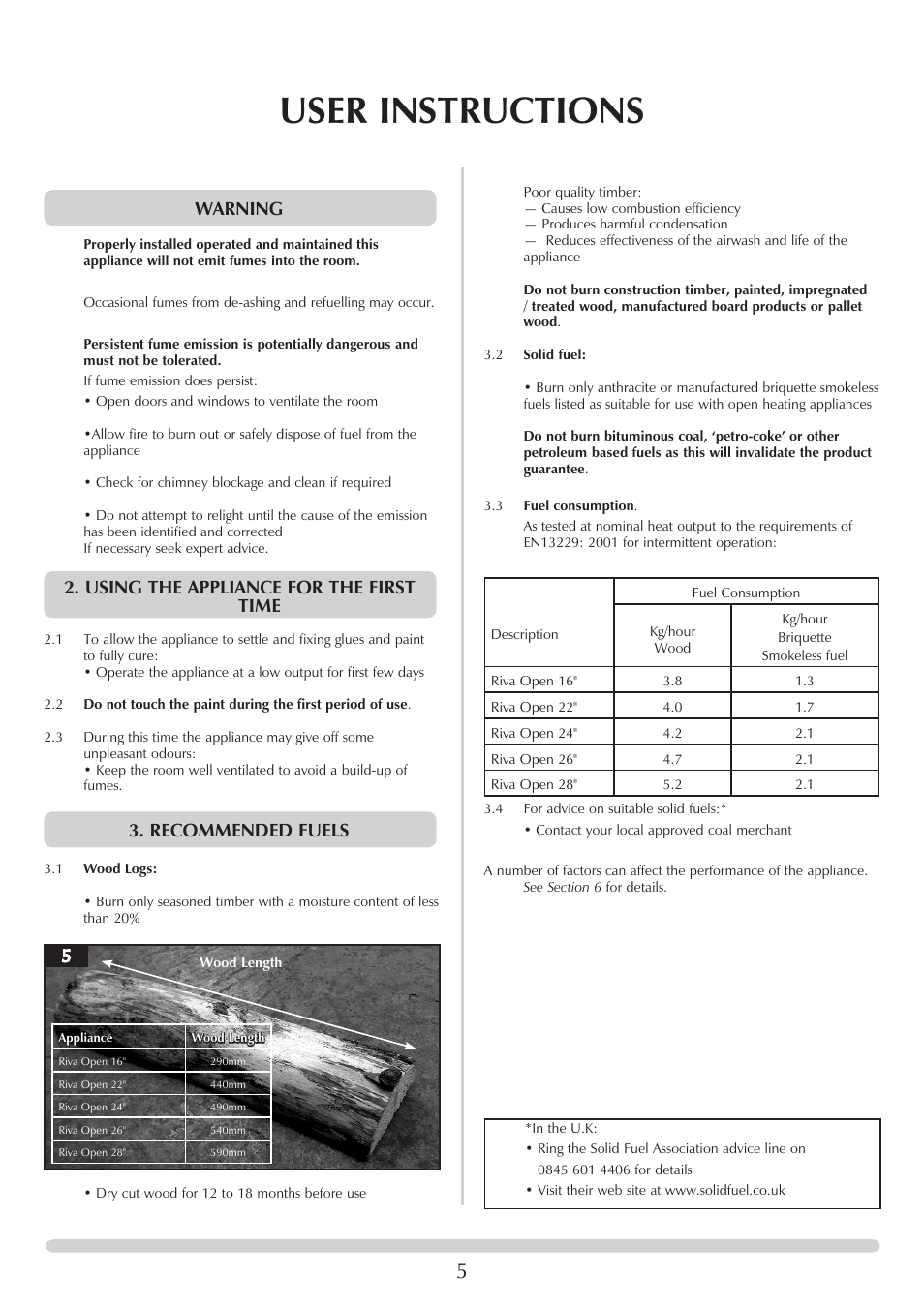 User instructions, Warning, Using the appliance for the first time | Recommended fuels | Stovax Riva Open Log Burning Convector Fireboxes User Manual | Page 5 / 32