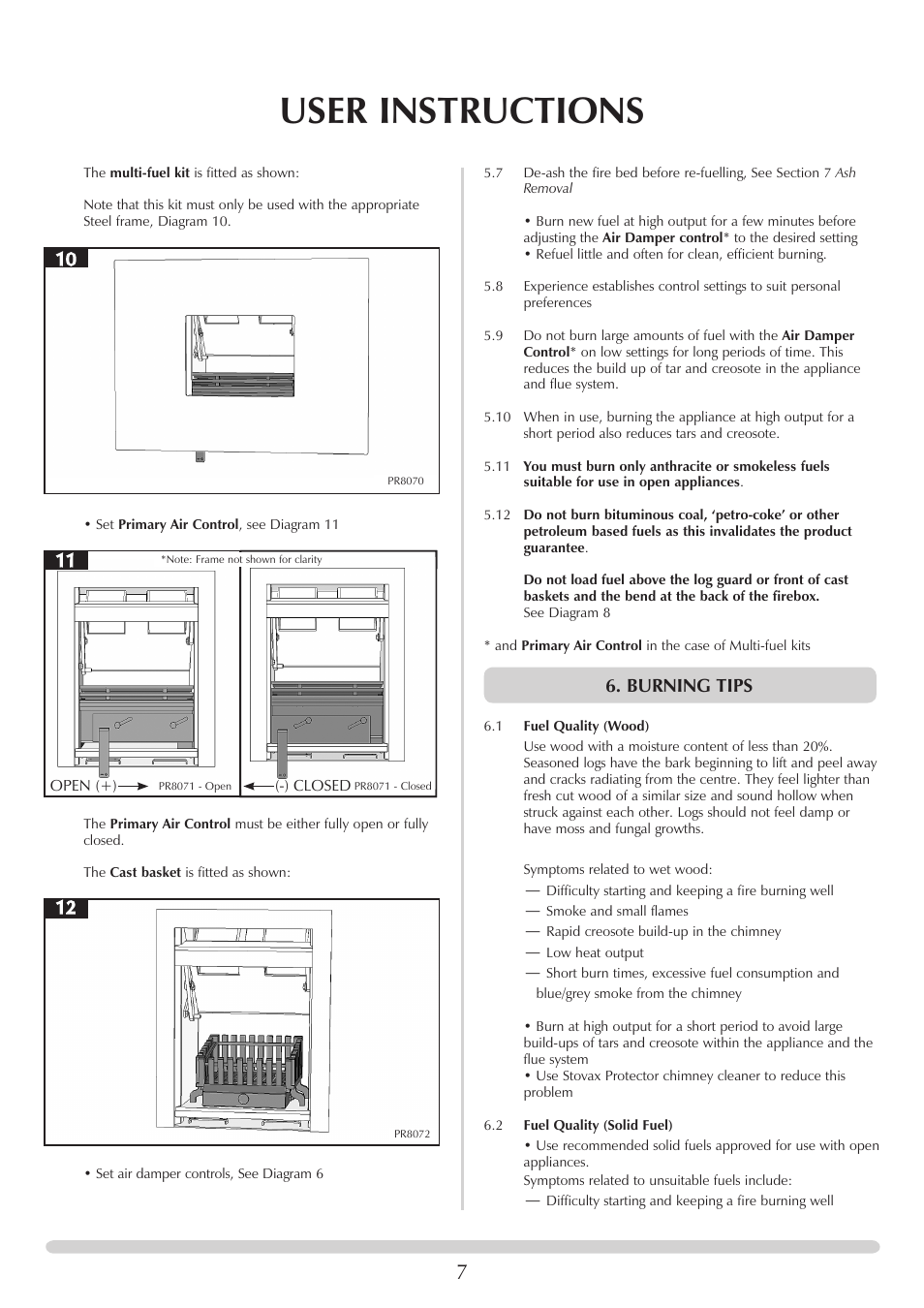 User instructions, Burning tips | Stovax Riva Open Log Burning Convector Fireboxes User Manual | Page 7 / 32