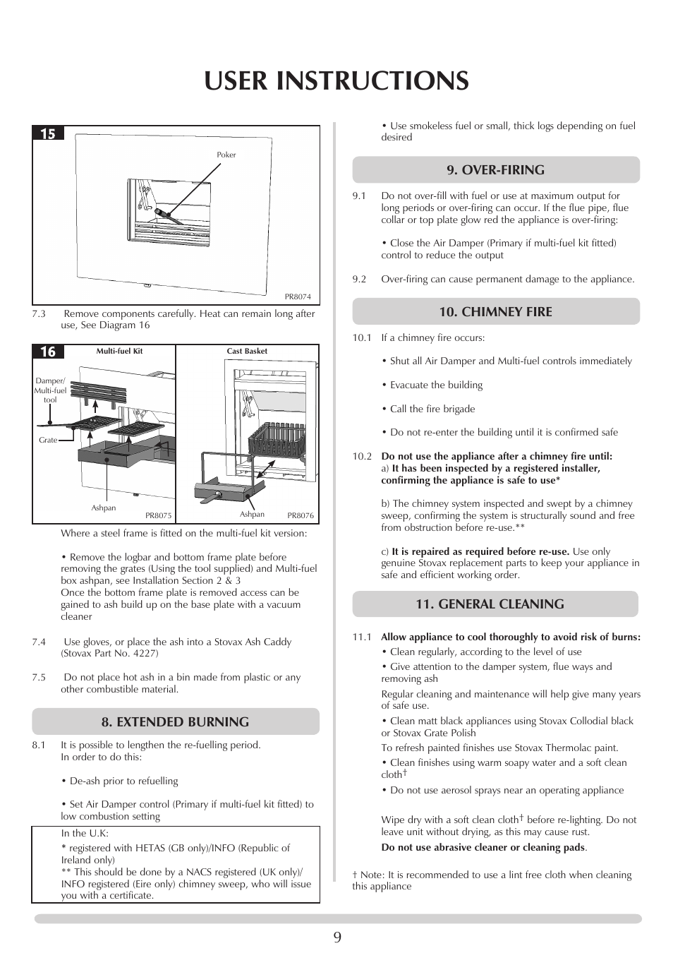 User instructions, Extended burning, Over-firing | Chimney fire, General cleaning | Stovax Riva Open Log Burning Convector Fireboxes User Manual | Page 9 / 32