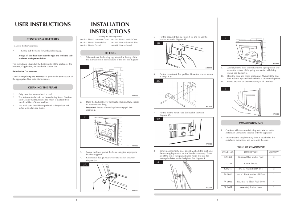 User instructions, Installation instructions | Stovax Avanti PR0651 User Manual | Page 2 / 2