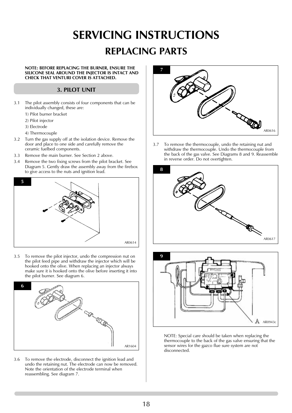 Servicing instructions, Replacing parts, Pilot unit | Stovax Ceramica Gazco Ceremica Log Effect Stove Range User Manual | Page 18 / 24