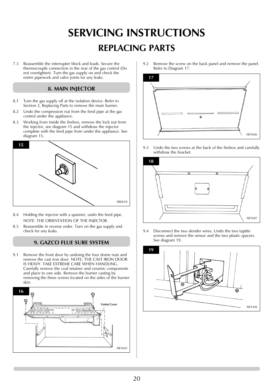 Servicing instructions, Replacing parts, Main injector | Gazco flue sure system | Stovax Ceramica Gazco Ceremica Log Effect Stove Range User Manual | Page 20 / 24