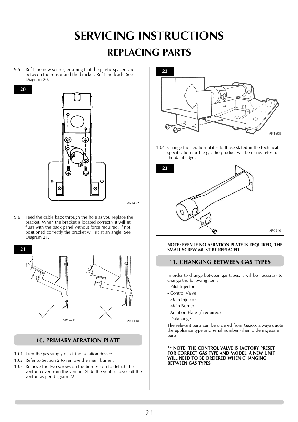 Servicing instructions, Replacing parts, Primary aeration plate | Changing between gas types | Stovax Ceramica Gazco Ceremica Log Effect Stove Range User Manual | Page 21 / 24