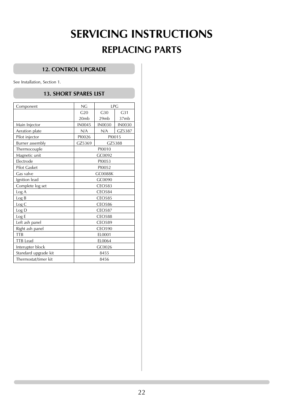 Servicing instructions, Replacing parts, Control upgrade | Short spares list | Stovax Ceramica Gazco Ceremica Log Effect Stove Range User Manual | Page 22 / 24