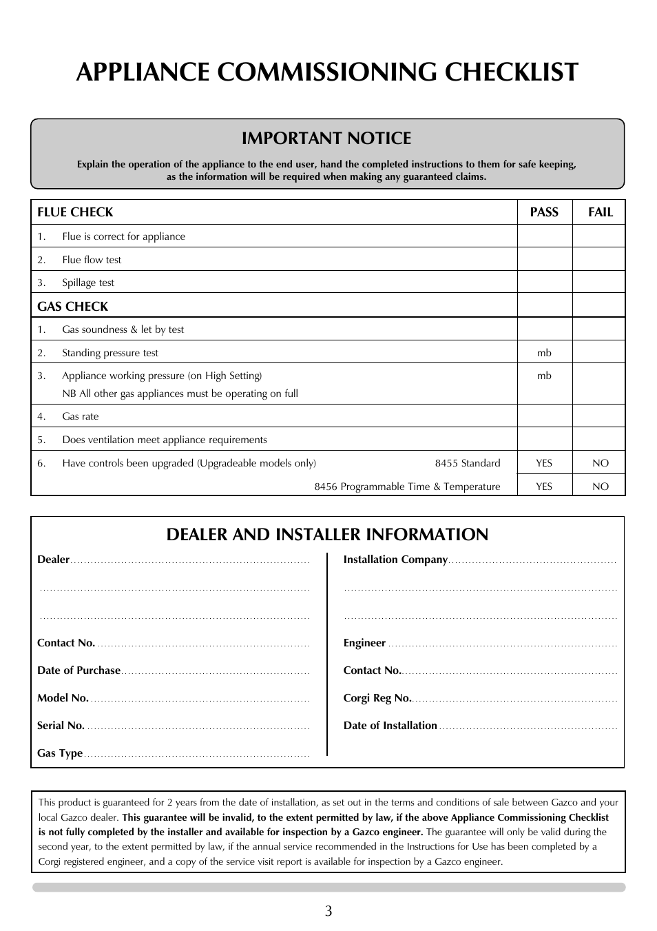 Appliance commissioning checklist, Important notice, Dealer and installer information | Flue check pass fail, Gas check | Stovax Ceramica Gazco Ceremica Log Effect Stove Range User Manual | Page 3 / 24