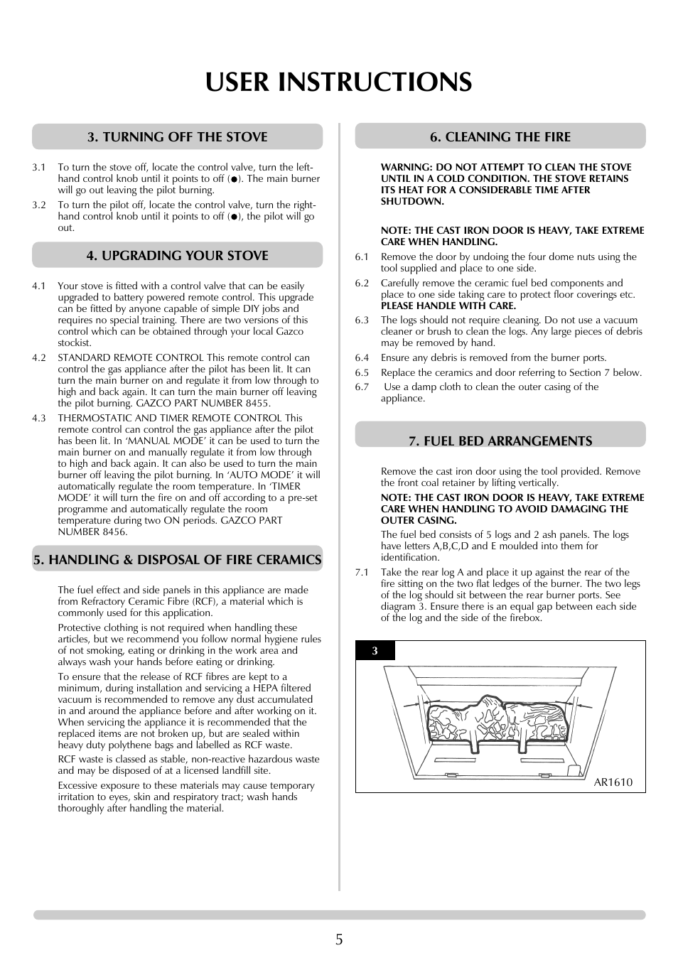 User instructions, Turning off the stove, Upgrading your stove | Handling & disposal of fire ceramics, Cleaning the fire, Fuel bed arrangements | Stovax Ceramica Gazco Ceremica Log Effect Stove Range User Manual | Page 5 / 24