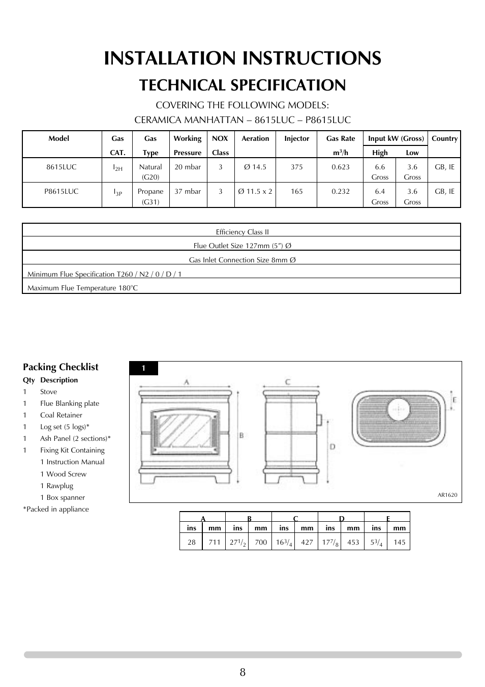 Installation instructions, Technical specification, Packing checklist | Stovax Ceramica Gazco Ceremica Log Effect Stove Range User Manual | Page 8 / 24