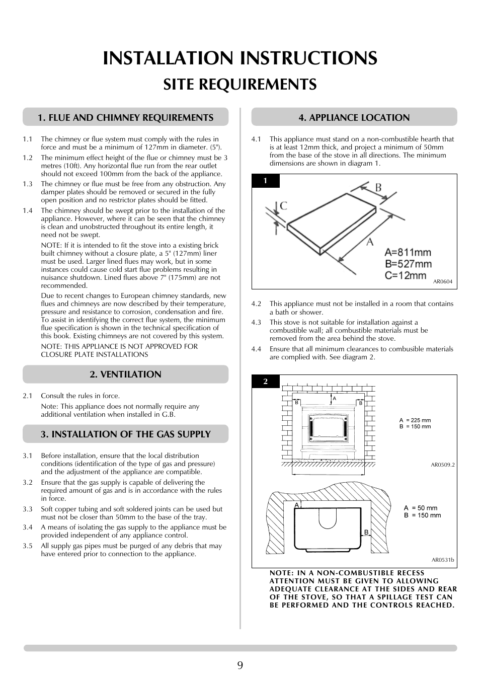 Installation instructions, Site requirements, Flue and chimney requirements | Ventilation, Installation of the gas supply, Appliance location | Stovax Ceramica Gazco Ceremica Log Effect Stove Range User Manual | Page 9 / 24