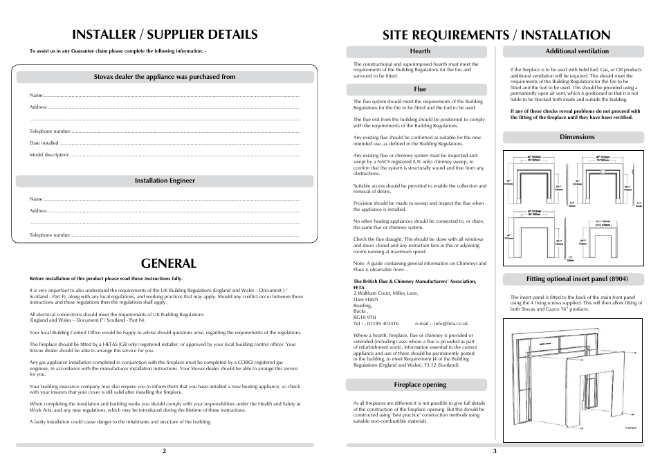 General, Site requirements / installation, Installer / supplier details | Stovax 8901 User Manual | Page 2 / 2