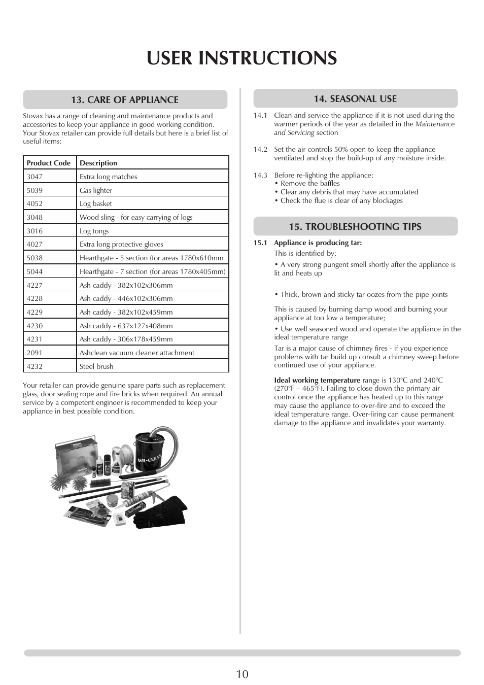 User instructions, Seasonal use, Troubleshooting tips | Care of appliance | Stovax REGENCY 1000 User Manual | Page 10 / 26