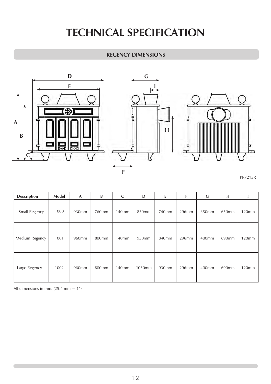 Technical specification, Regency dimensions | Stovax REGENCY 1000 User Manual | Page 12 / 26