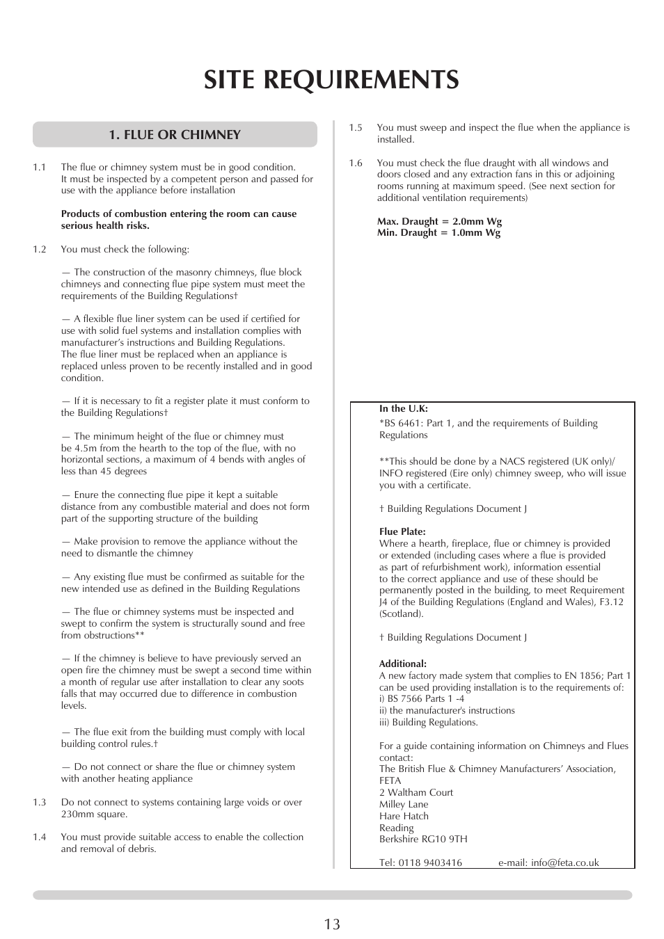 Site requirements, Flue or chimney | Stovax REGENCY 1000 User Manual | Page 13 / 26