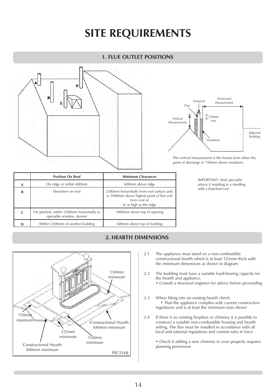 Site requirements, Hearth dimensions, Flue outlet positions | Stovax REGENCY 1000 User Manual | Page 14 / 26