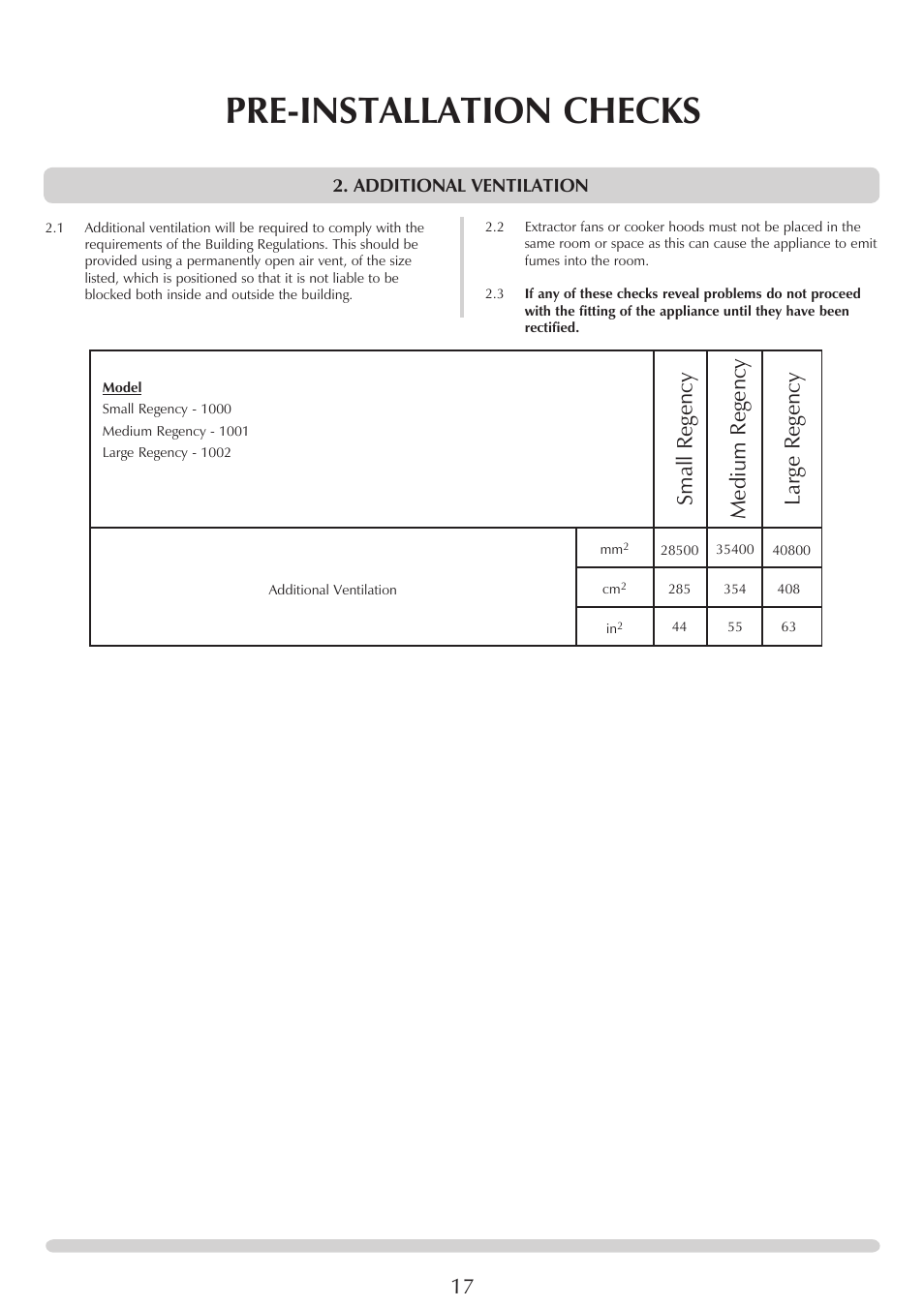 Pre-installation checks, Large regency medium regency, Small regency | Stovax REGENCY 1000 User Manual | Page 17 / 26