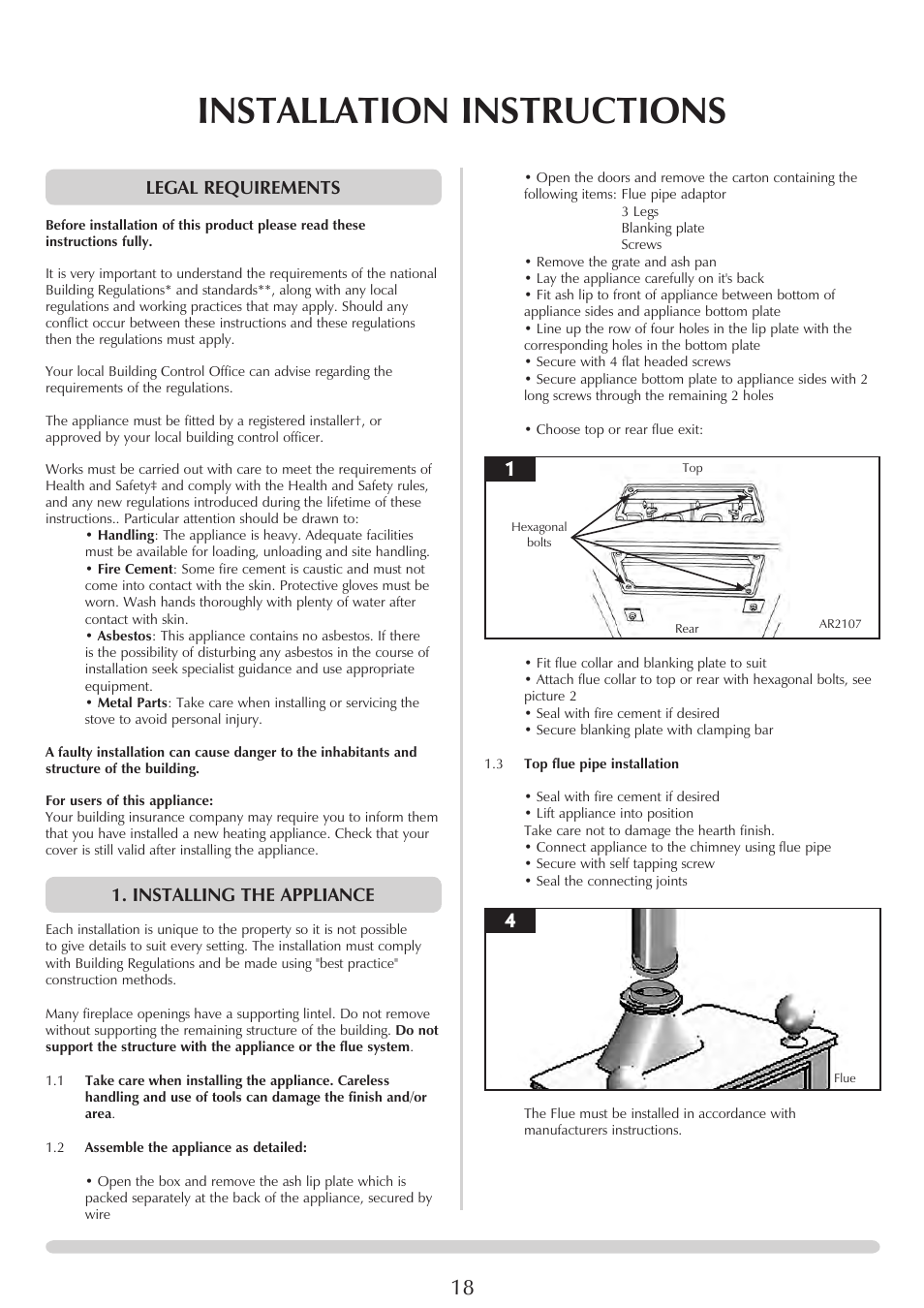 Installation instructions, Legal requirements, Installing the appliance | Stovax REGENCY 1000 User Manual | Page 18 / 26