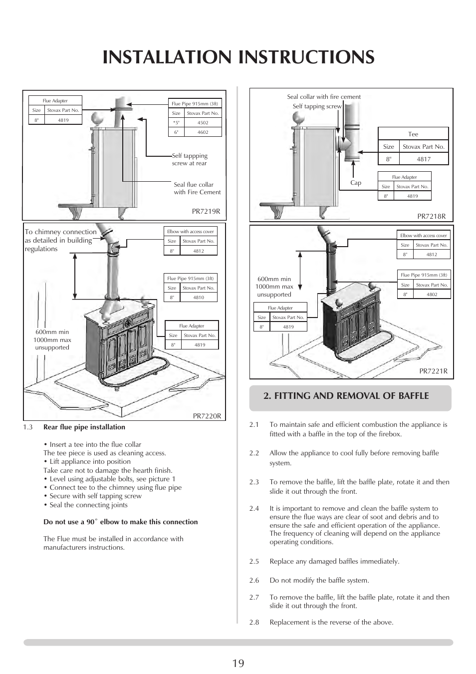 Installation instructions, Fitting and removal of baffle | Stovax REGENCY 1000 User Manual | Page 19 / 26