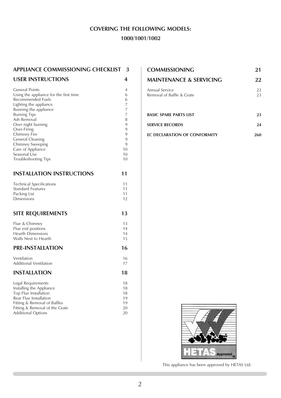 Commissioning 21 maintenance & servicing 22, Installation instructions 11, Site requirements 13 | Pre-installation 16, Installation | Stovax REGENCY 1000 User Manual | Page 2 / 26